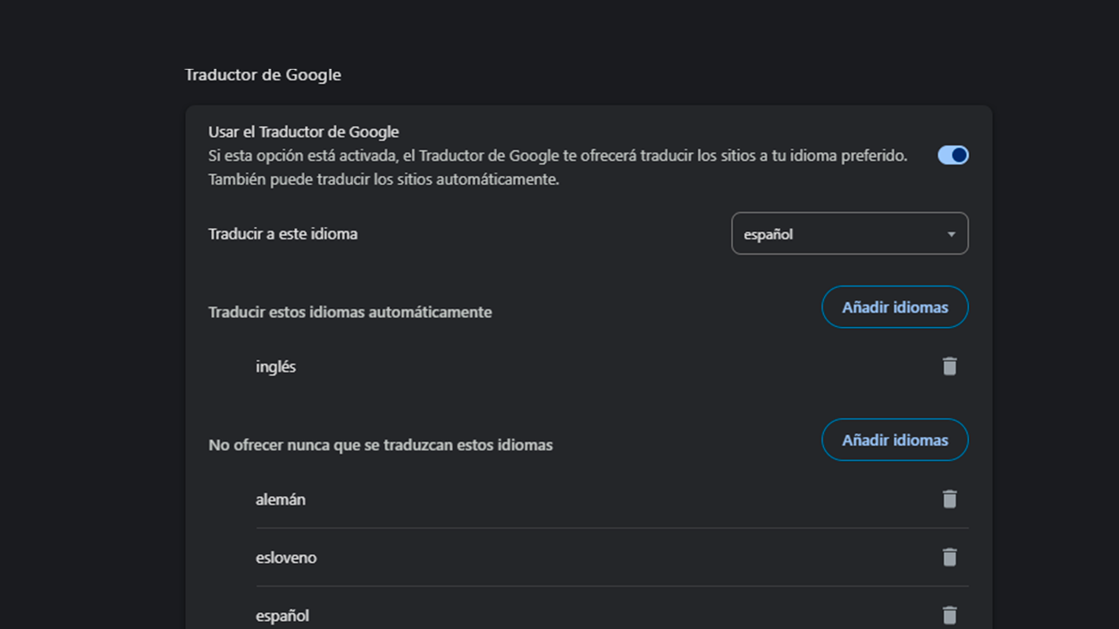 Elegir el idioma traductor de Google en Chrome