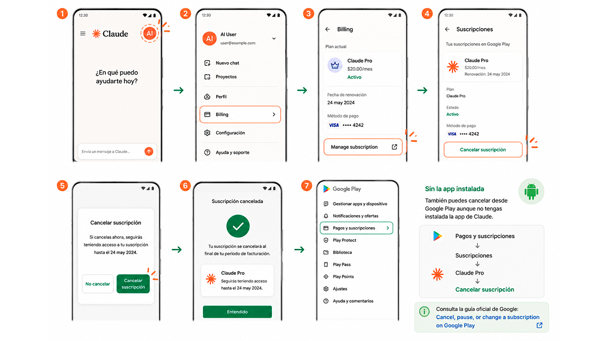 Cancelar Claude Pro desde Android (Google Play)