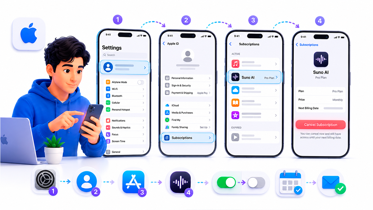 Cancelar Suno AI en iOS (iPhone y iPad)