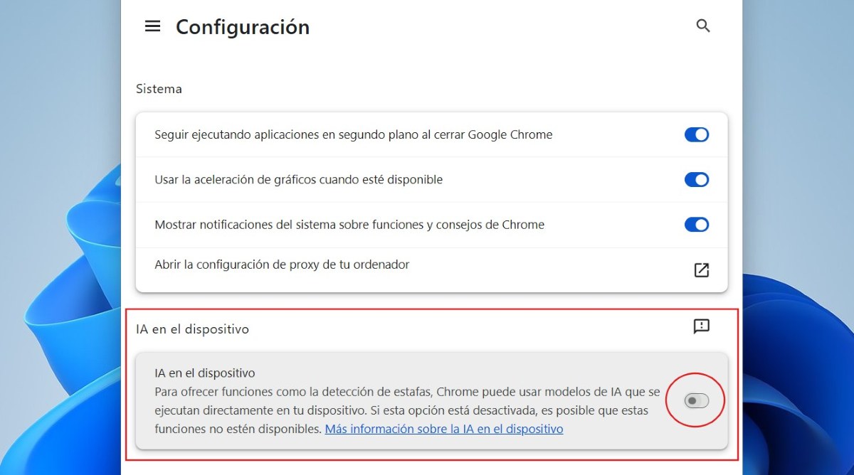 Desactivar la opción IA en el dispositivo Chrome