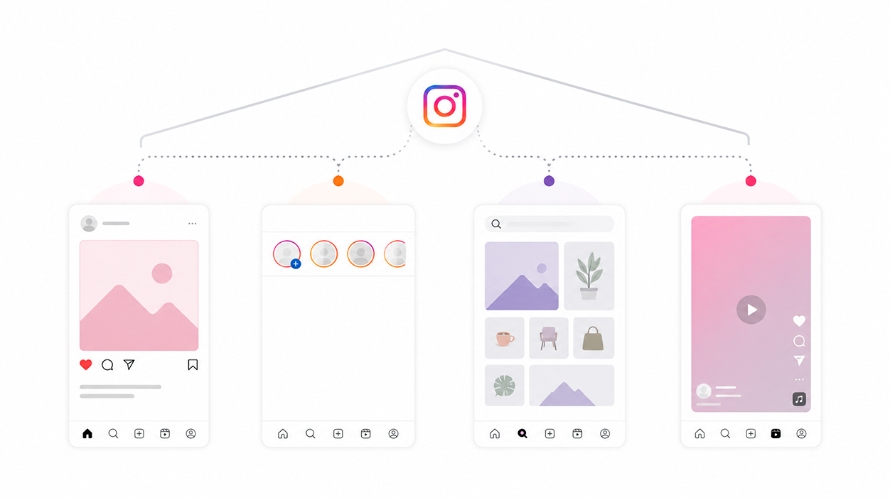 Feed, Historias, Explorar y Reels