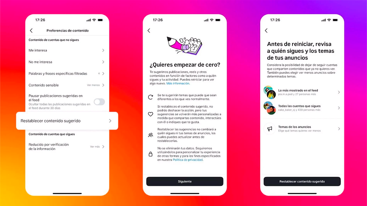 Restablecer contenido sugerido en instagram