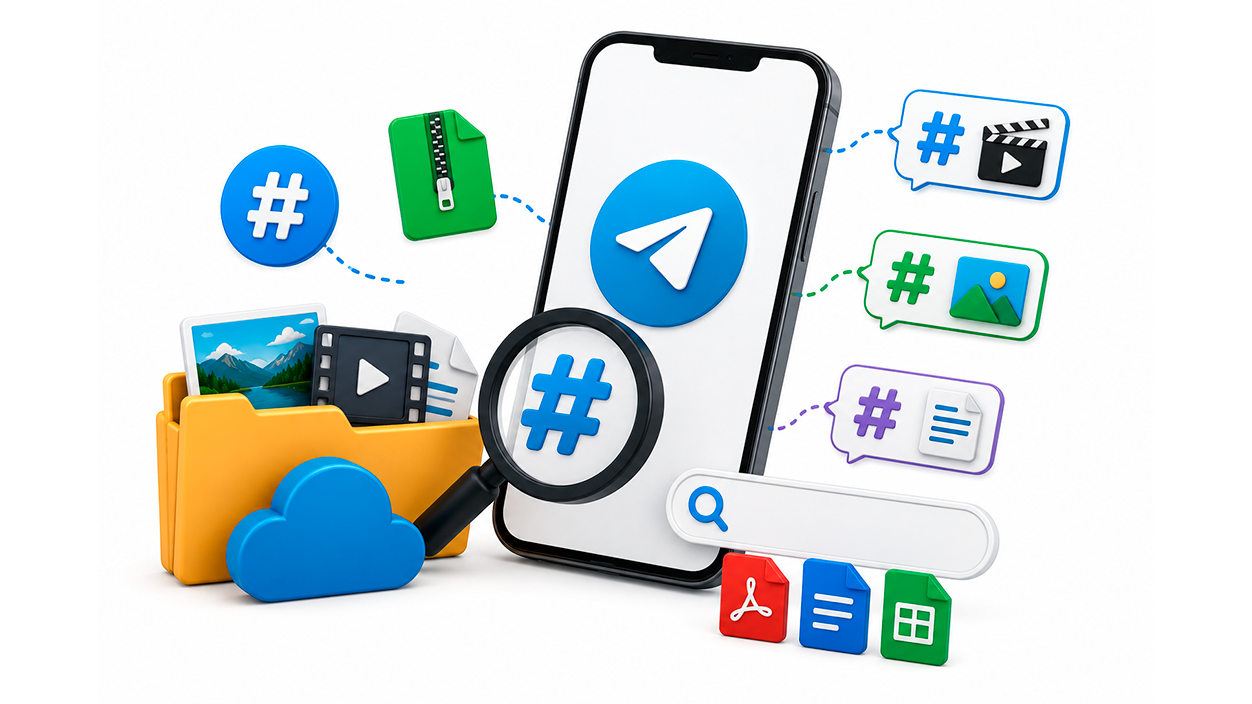 Usar hashtags y búsqueda para encontrar carpetass y archivos en la nube de telegram
