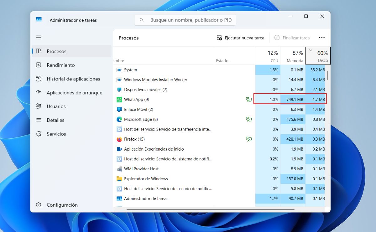 WhatsApp Desktop consuma menos recursos en PC (Administrador de tareas)