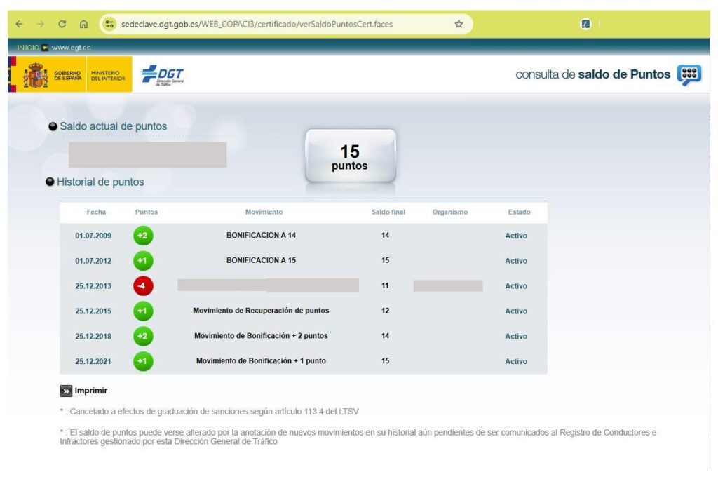 obtener el informe de puntos de la DGT