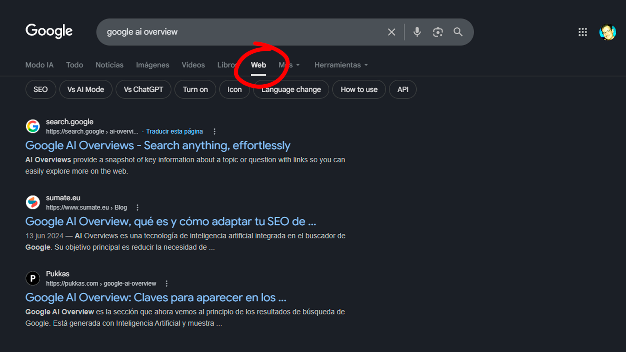 tocar en web en el buscador de Google