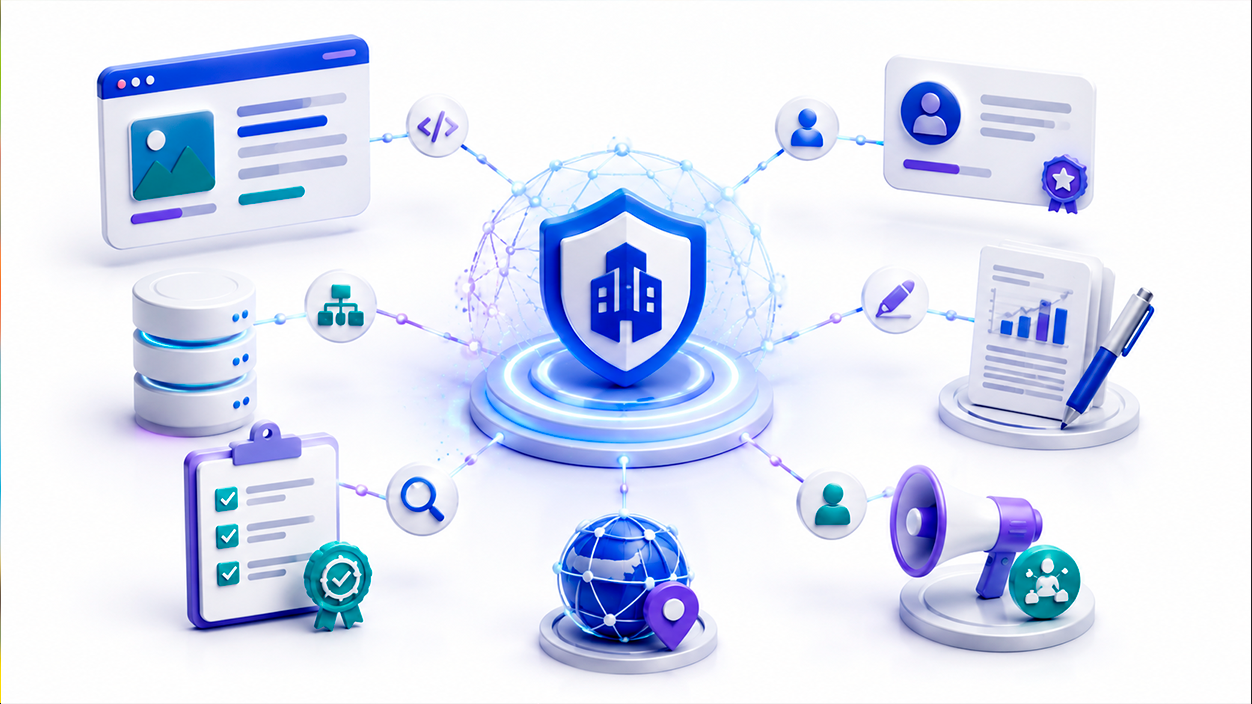 Ilustración de datos estructurados, entidades conectadas, perfiles profesionales y señales de autoridad digital organizadas alrededor de una identidad de marca.
