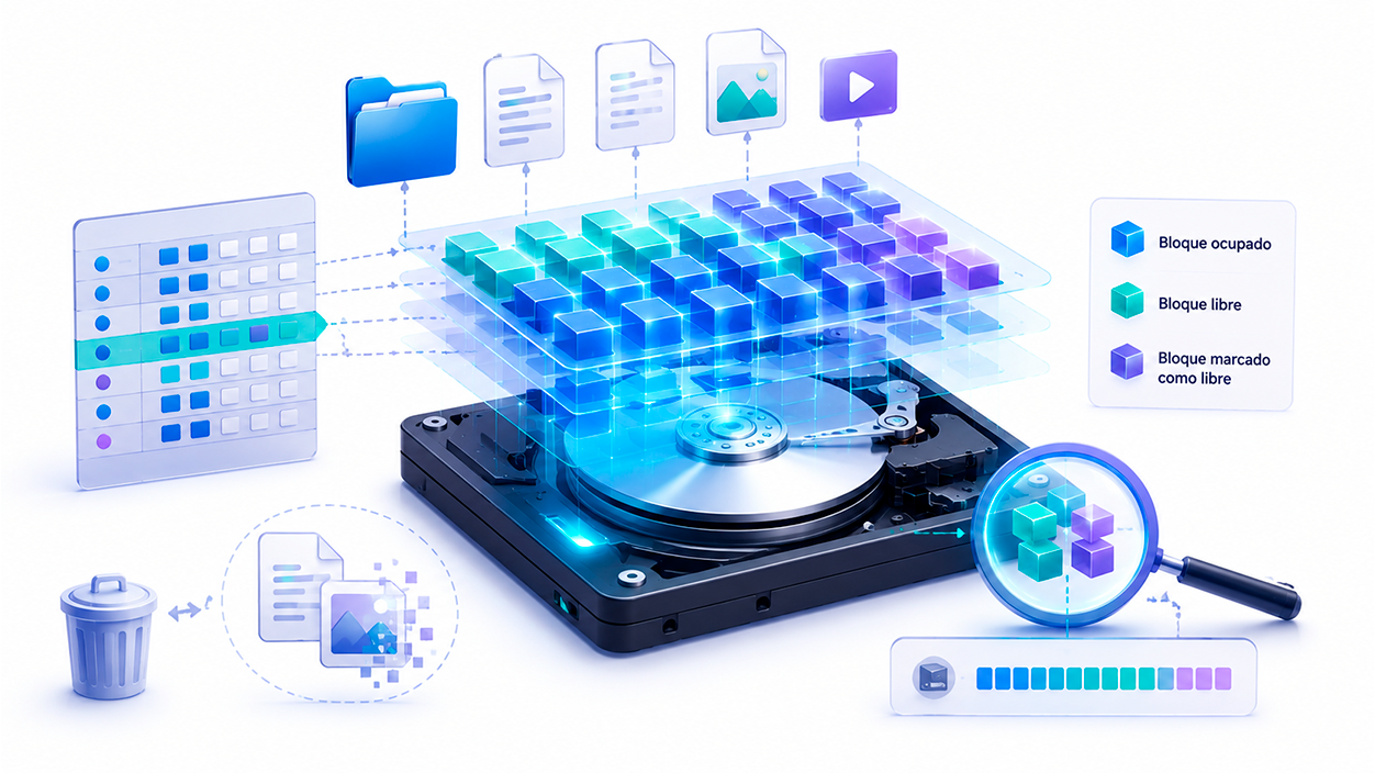Ilustración que muestra cómo Windows marca bloques de almacenamiento como libres sin eliminar inmediatamente los datos.