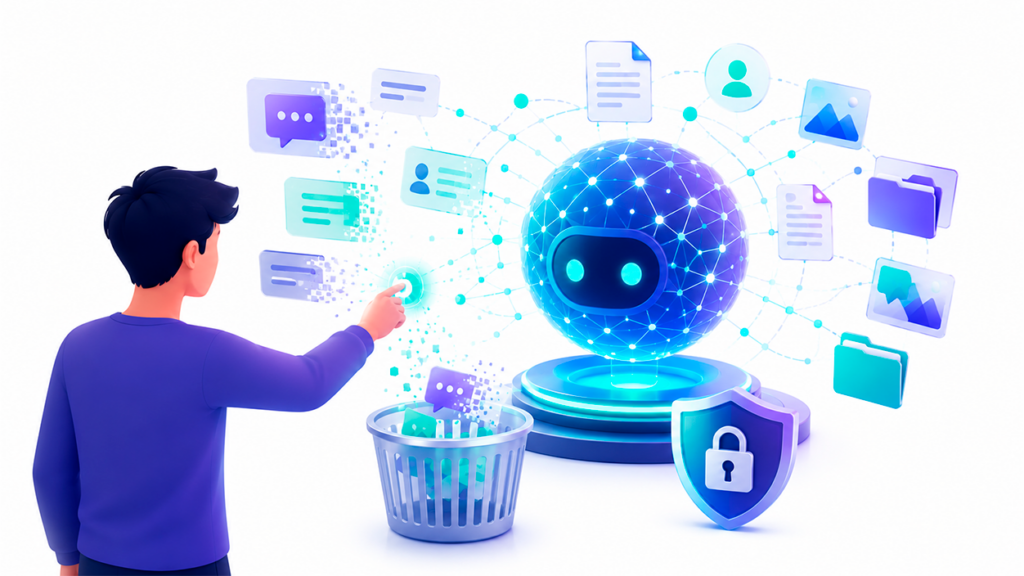 Ilustración de una persona eliminando conversaciones y datos personales asociados a una inteligencia artificial para mejorar la privacidad de su cuenta.