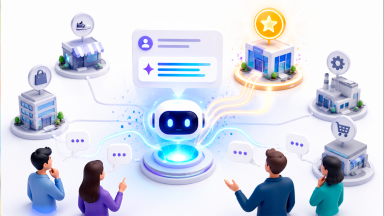 Ilustración de varias marcas compitiendo por aparecer como recomendación dentro de una inteligencia artificial generativa que selecciona una opción destacada para responder a los usuarios.