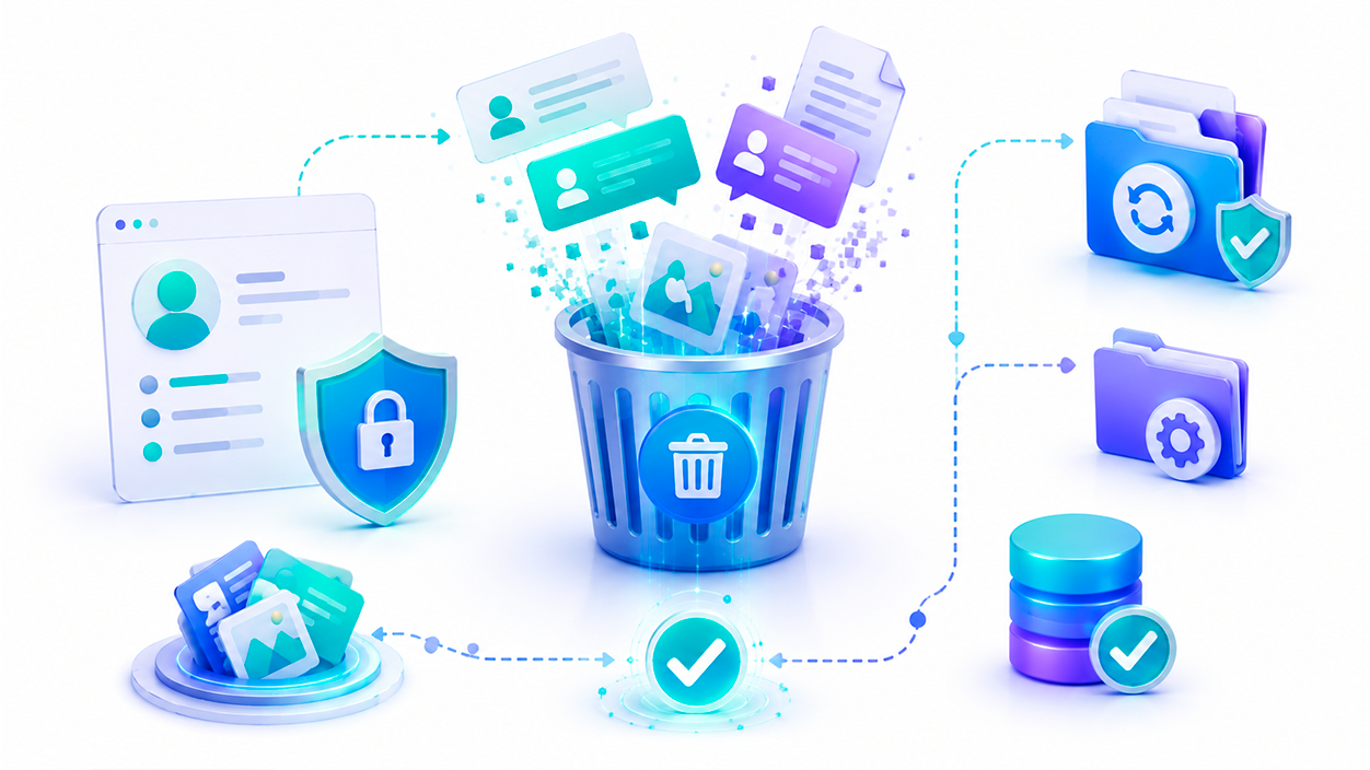 Ilustración de conversaciones, documentos y datos digitales siendo eliminados para reducir la información asociada a una cuenta de inteligencia artificial.