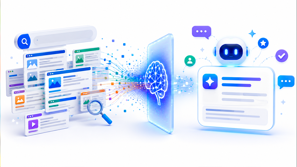 Ilustración que representa la evolución desde los motores de búsqueda tradicionales con múltiples resultados hacia sistemas de inteligencia artificial capaces de generar respuestas conversacionales.