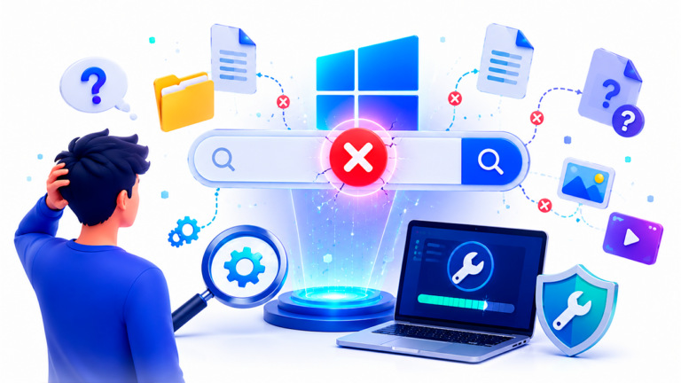 Ilustración de una herramienta de búsqueda de Windows que no encuentra archivos y está siendo reparada mediante herramientas de diagnóstico.