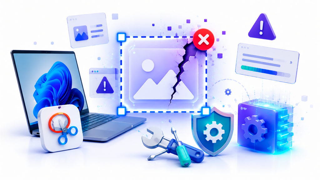 Ilustración de una herramienta de captura de pantalla bloqueada que está siendo reparada mediante herramientas de diagnóstico y mantenimiento en Windows.