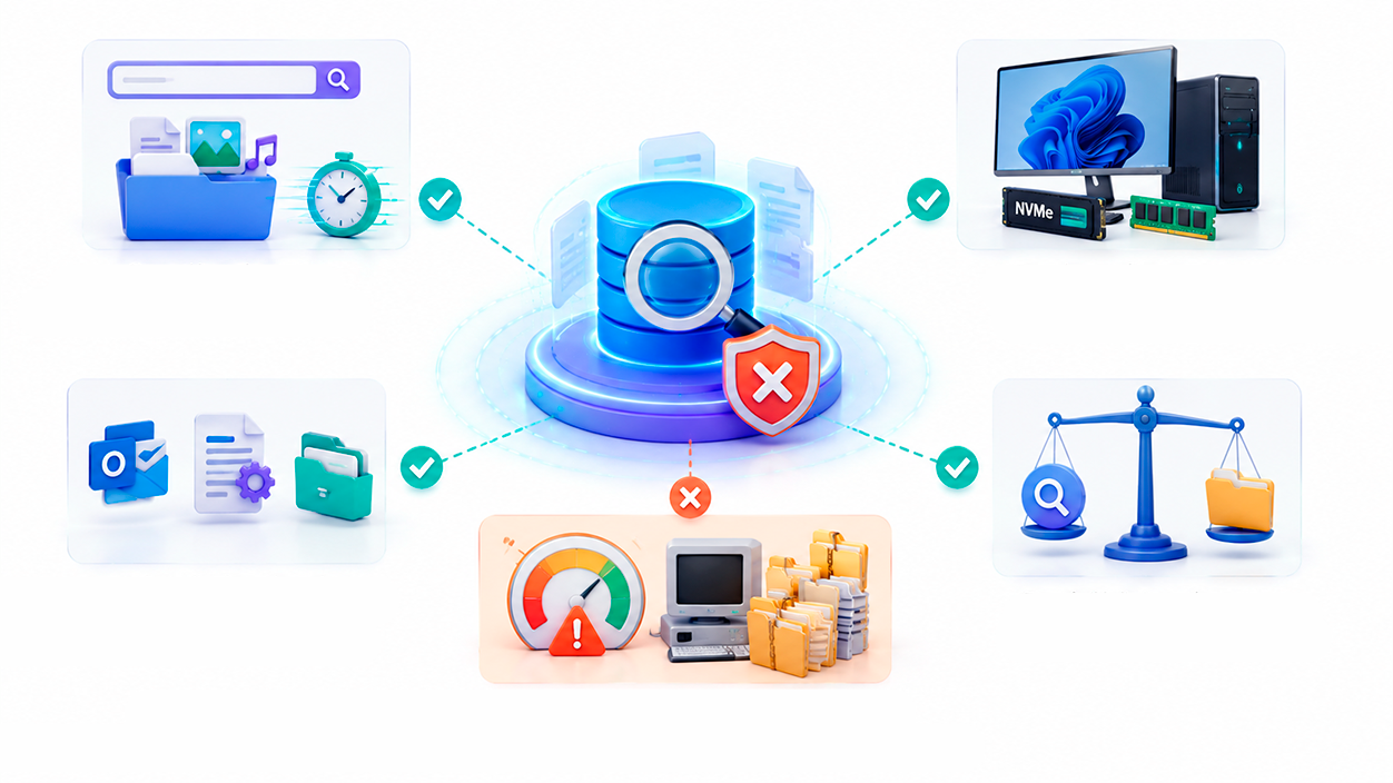 Ilustración que muestra los beneficios de mantener activa la indexación de Windows en equipos modernos y aplicaciones que dependen de búsquedas rápidas.