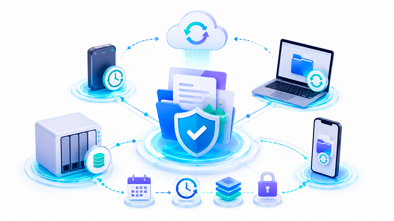 Ilustración de un sistema de copias de seguridad con almacenamiento local, nube y discos externos para proteger documentos importantes.