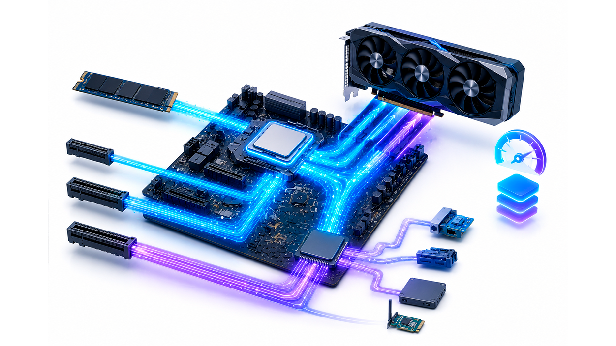 Explicación visual de los carriles PCIe y la comunicación entre CPU, chipset y dispositivos