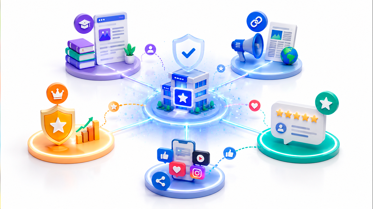 Ilustración de una marca construyendo autoridad digital mediante contenido, reputación, reseñas, menciones externas y presencia en redes sociales conectadas entre sí.