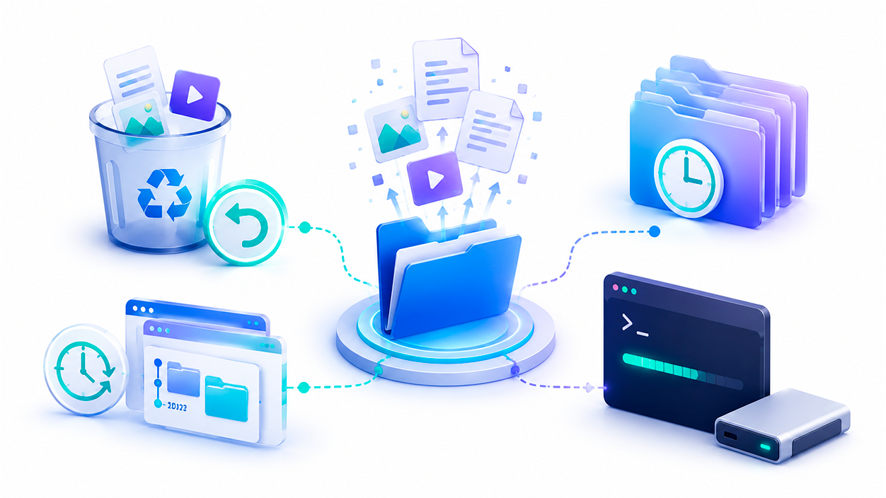 Ilustración de herramientas integradas de Windows utilizadas para restaurar documentos eliminados y recuperar versiones anteriores.