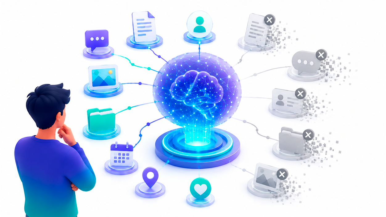 Ilustración de una inteligencia artificial rodeada de recuerdos digitales que permanecen almacenados incluso después de eliminar conversaciones.
