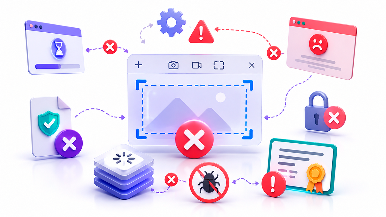 Ilustración que representa distintos fallos que pueden impedir el funcionamiento de la herramienta Recortes en Windows.