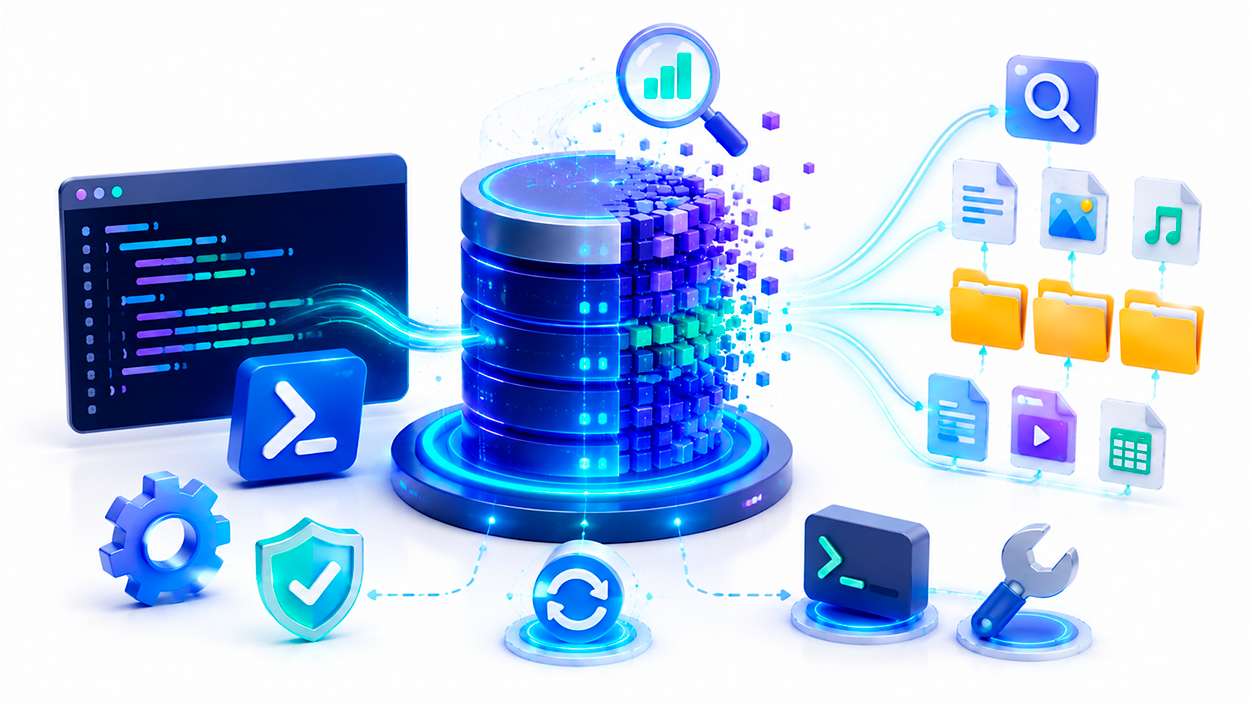 Ilustración de una base de datos de búsqueda siendo reconstruida para reparar la indexación de archivos en Windows.