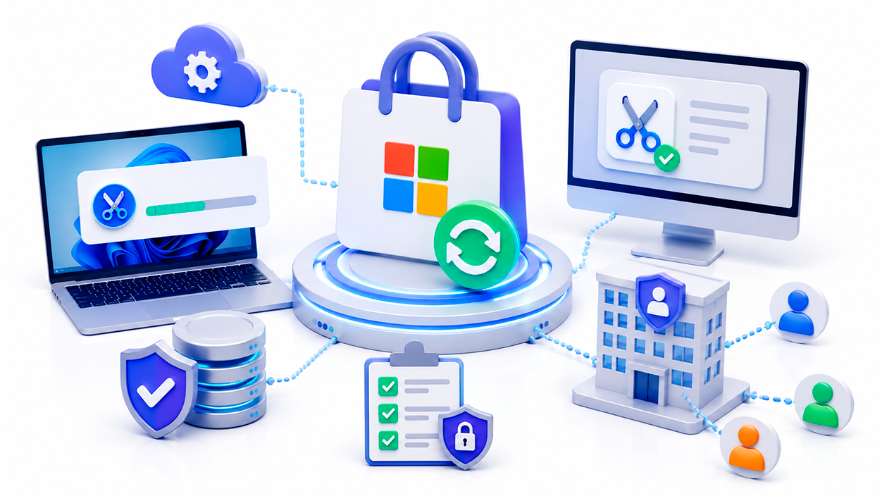 Ilustración de herramientas avanzadas reparando archivos del sistema relacionados con la herramienta Recortes de Windows.
