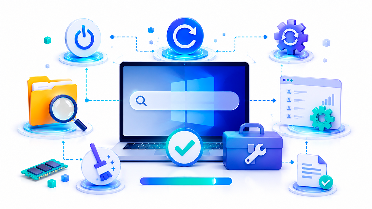 Ilustración de tareas de mantenimiento y reinicio utilizadas para solucionar errores de búsqueda en Windows.