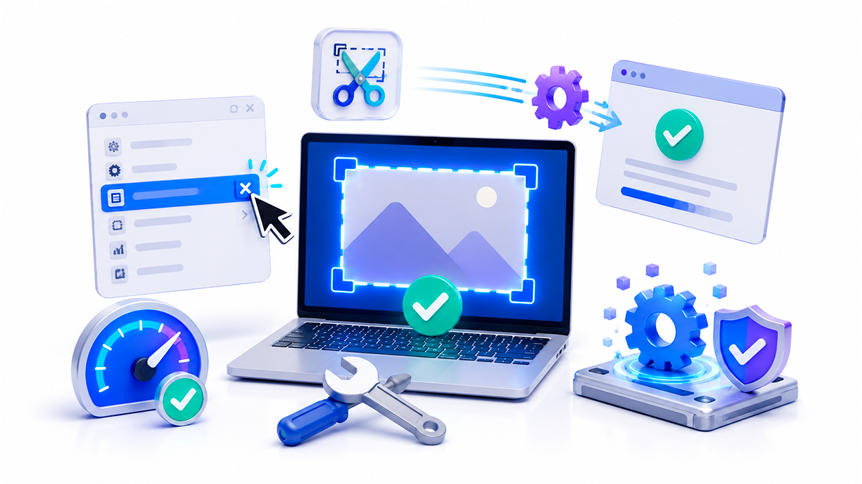 Ilustración de acciones rápidas utilizadas para restaurar el funcionamiento de la herramienta Recortes en Windows.
