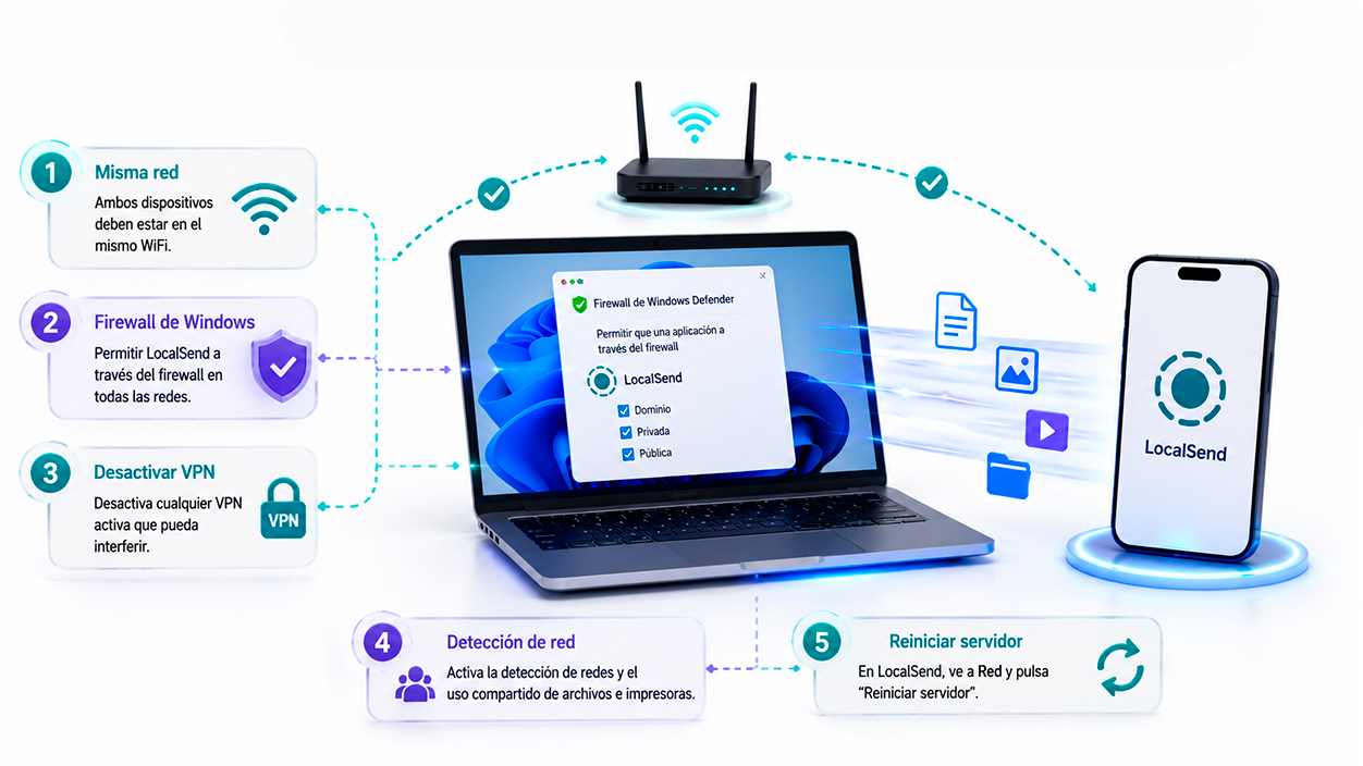 arreglar la conexión en Windows para que localsend encuentre dispositivos cercanos