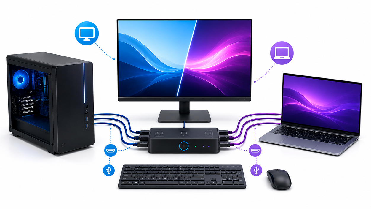 usar un conmutador KVM para conectar dos ordenadores a un solo monitor