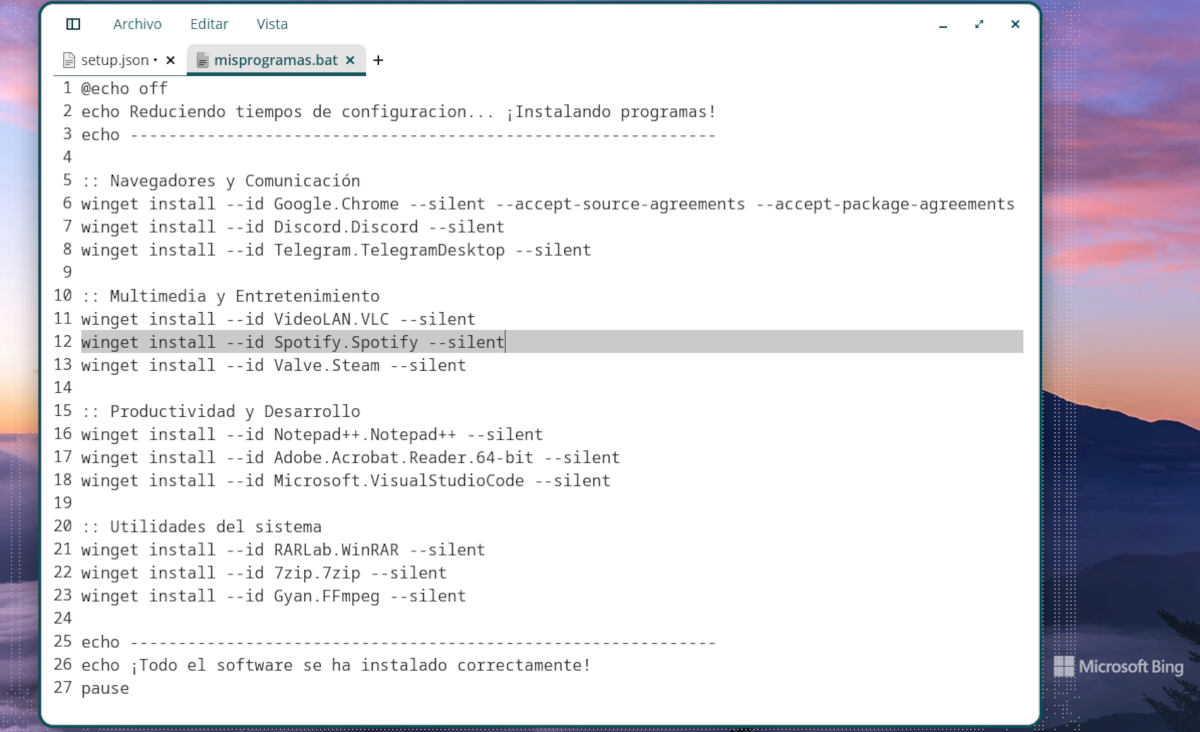 archivo .bat para instalar todos tus programas favoritos de una sola vez con WinGet