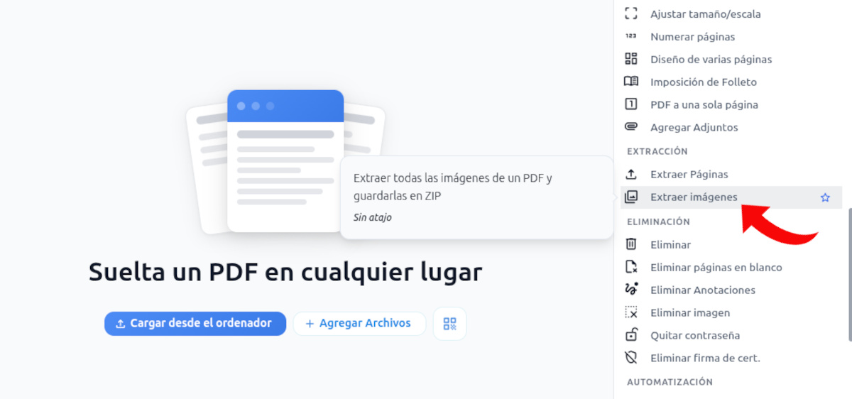 Extraer imágenes con Stirling PDF