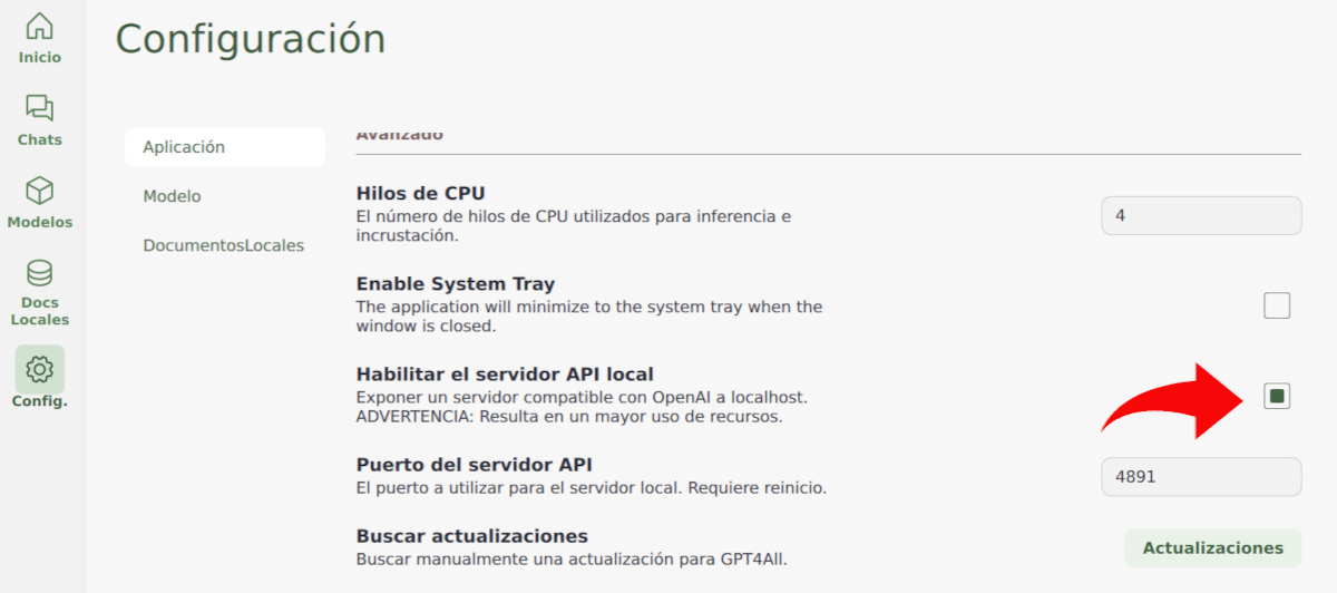 Activar y utilizar el servidor API de GPT4All