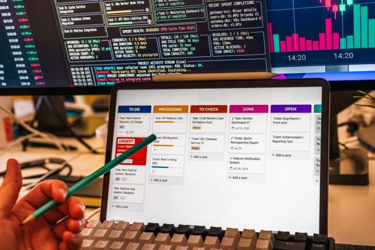 Tablero de control de automatización de negocios con tablet y monitores mostrando datos y métricas de rendimiento.