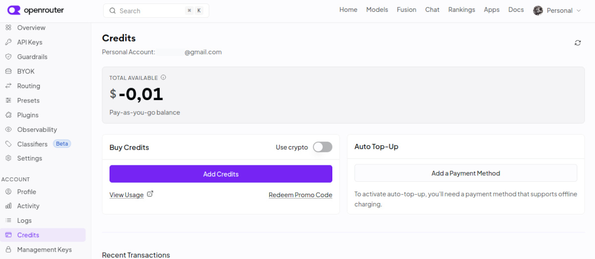 Añadir saldo a OpenRouter