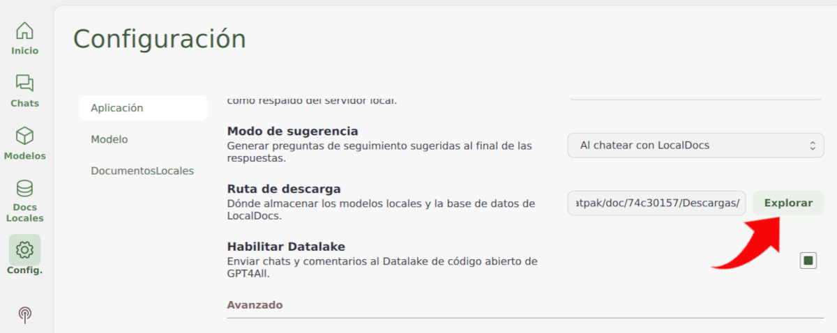 Cambiar ruta de descarga en GPT4All