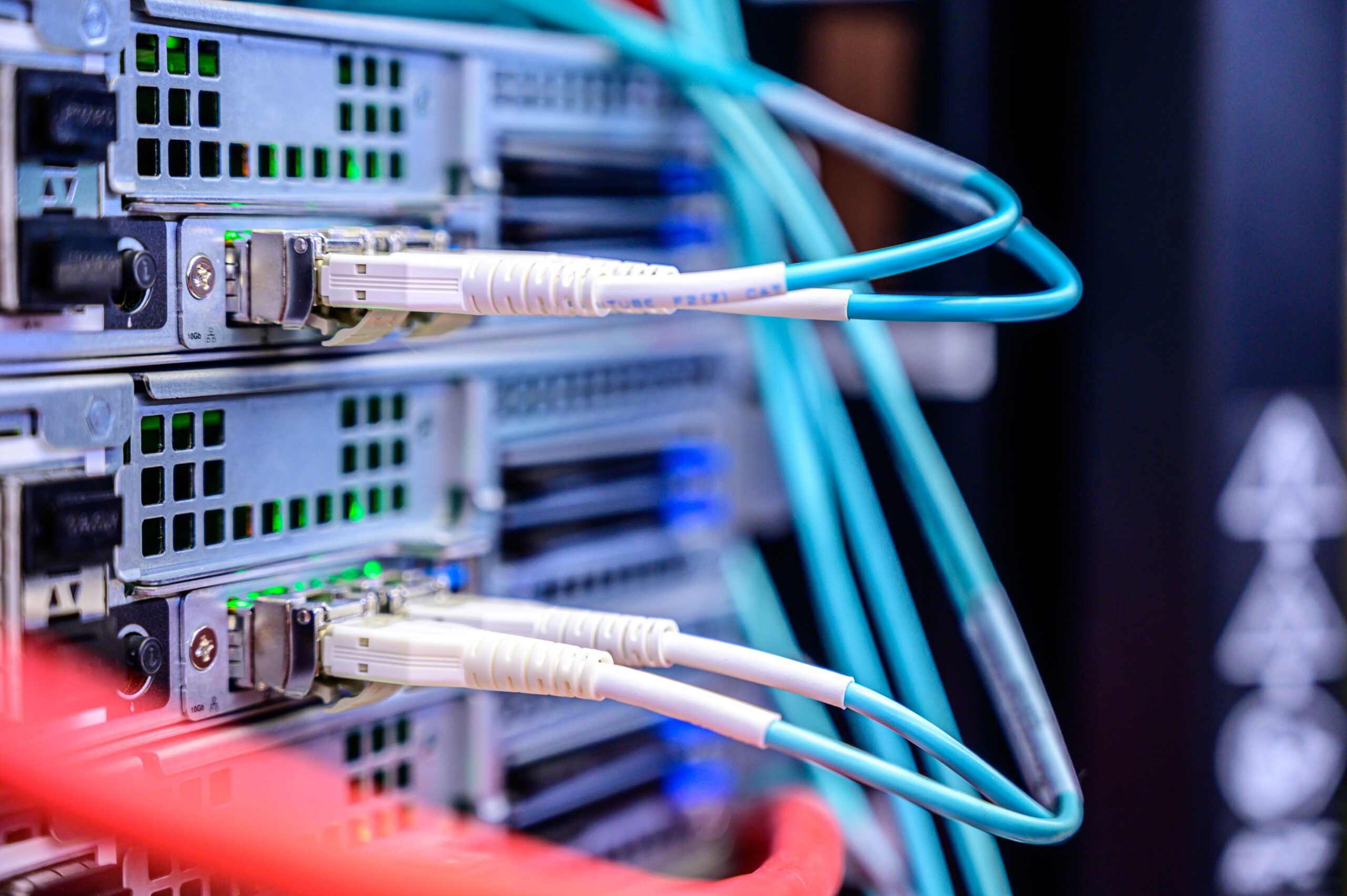 Detalle de cables Ethernet conectados a un servidor, simbolizando la conectividad de red y la infraestructura técnica.