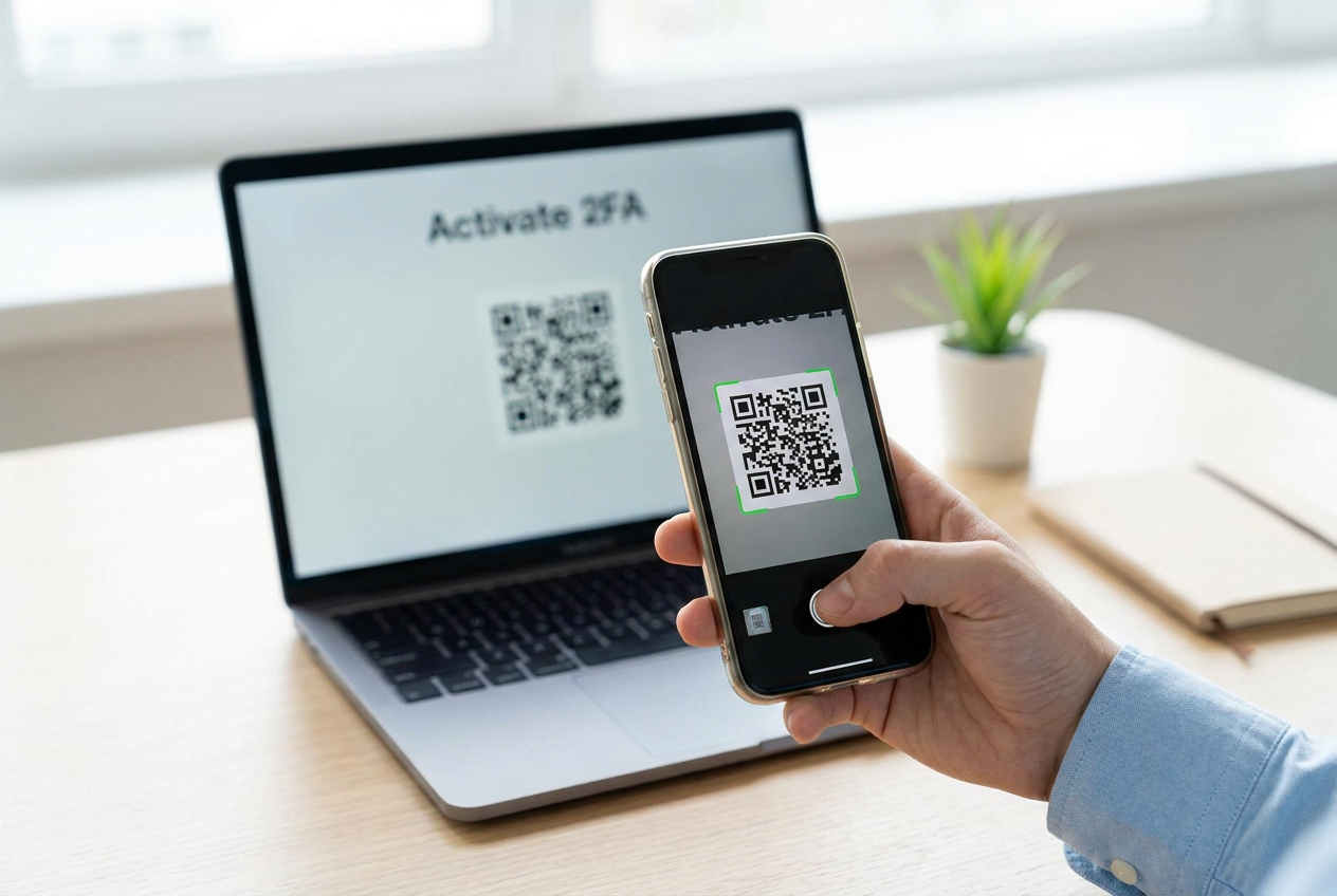 Persona escaneando un código QR en la pantalla de un portátil con su smartphone para activar la autenticación en dos pasos.