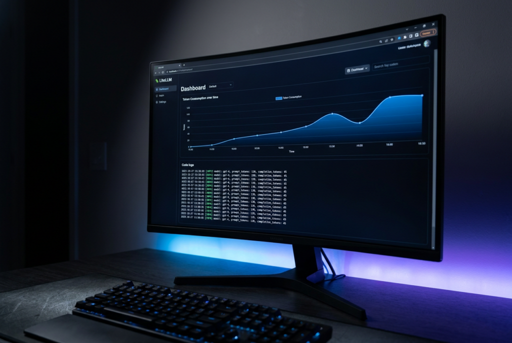 Panel de control profesional de LiteLLM mostrando el consumo de tokens y registros de API en modo oscuro con gráficas de uso.