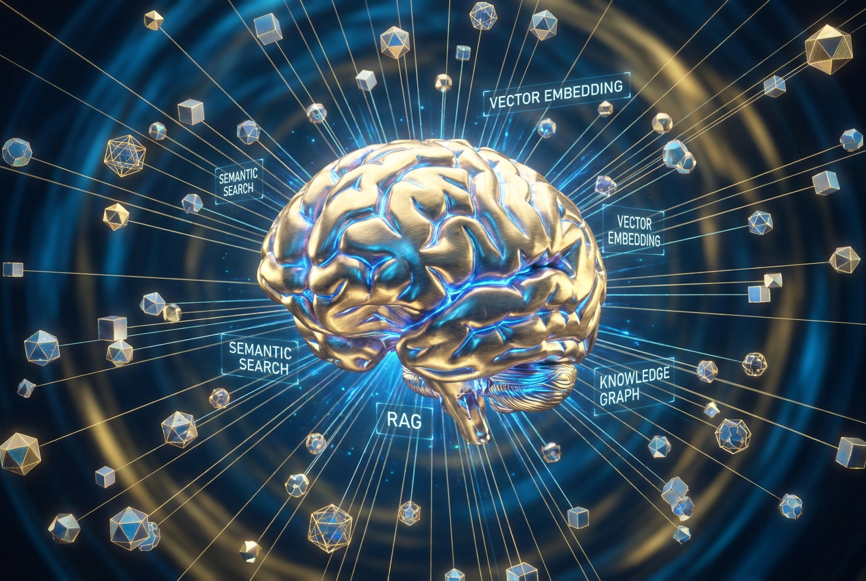 Visualización futurista de una base de datos vectorial representando la búsqueda semántica y la tecnología RAG.