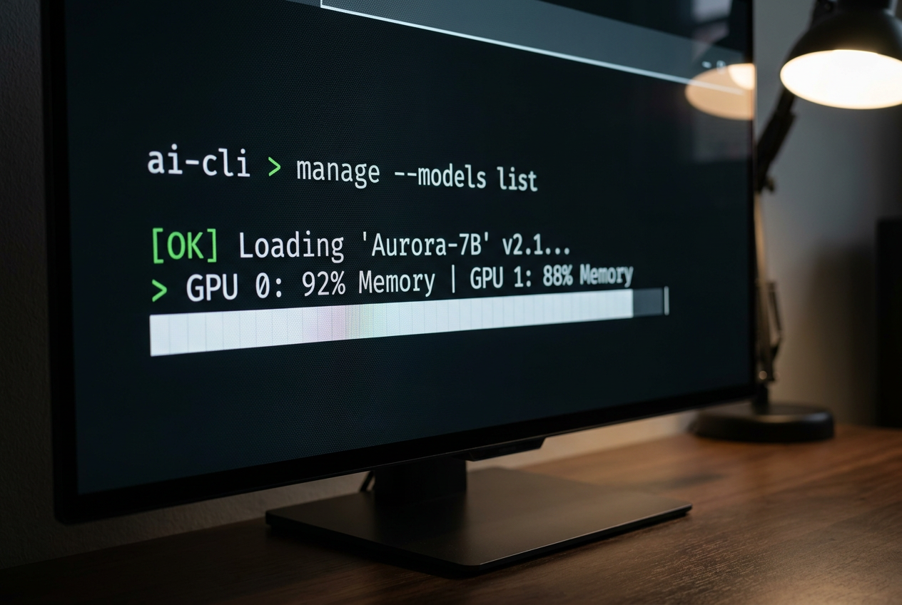 Pantalla de monitor con una terminal de comandos en modo oscuro, representando la interfaz de línea de comandos (CLI) de Ollama para gestionar modelos.