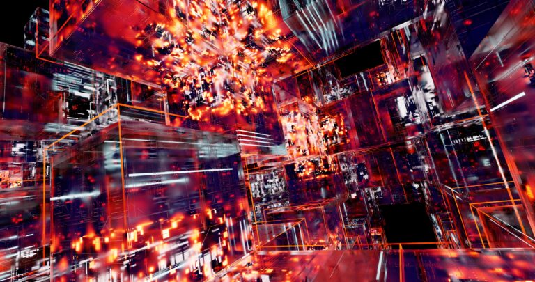Cubos digitales futuristas que simbolizan la fragmentación de datos en trozos lógicos o chunking.