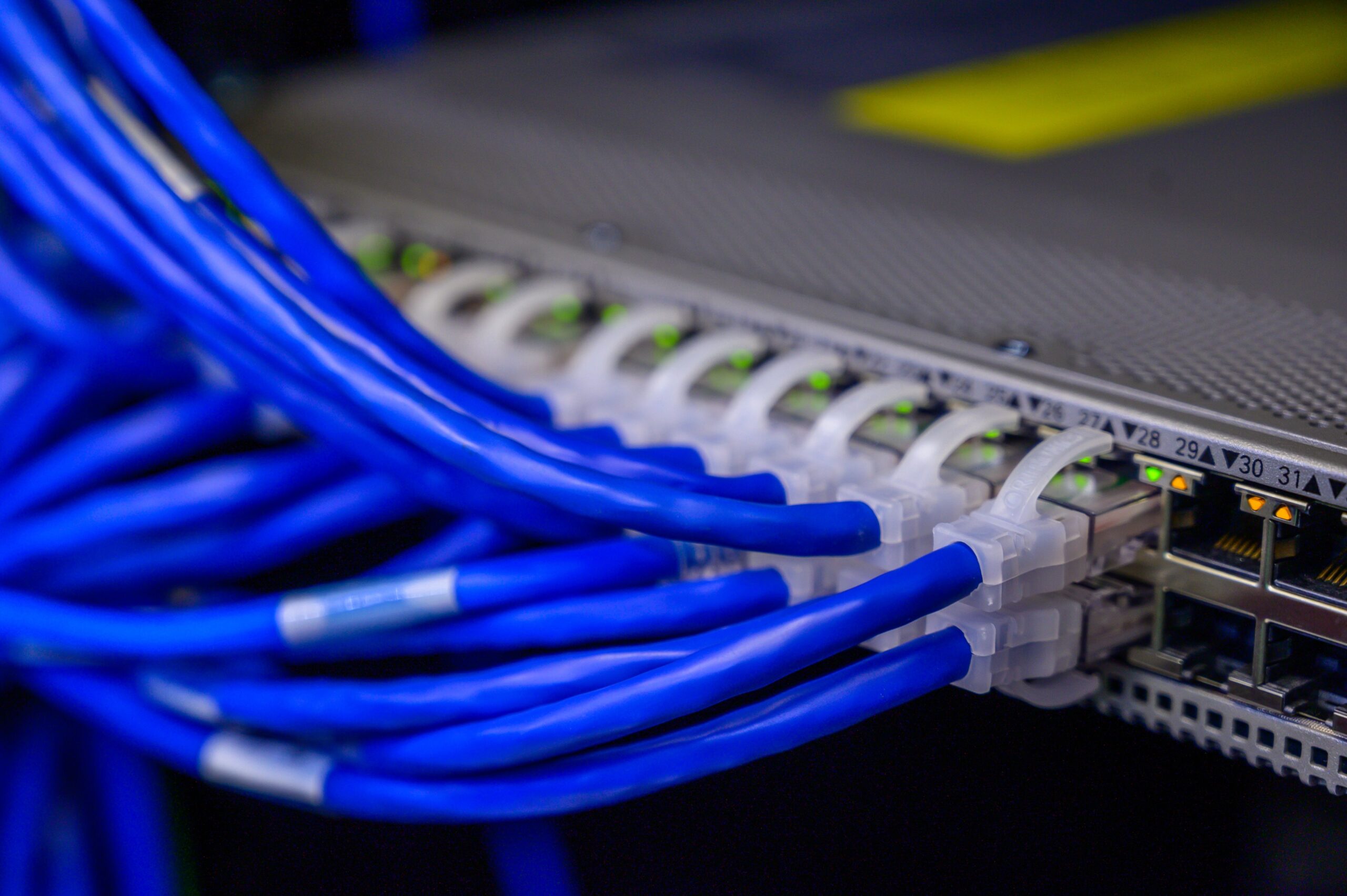 Detalle de cables ethernet azules conectados a un switch, ilustrando la creación de redes virtuales para conectar servicios en Docker.
