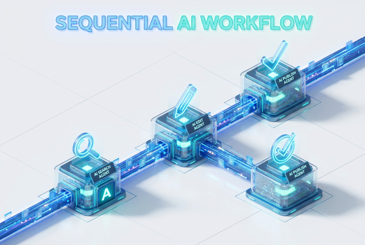 Ilustración conceptual de un flujo de trabajo de IA secuencial, donde la información pasa linealmente a través de agentes de búsqueda, edición y publicación.