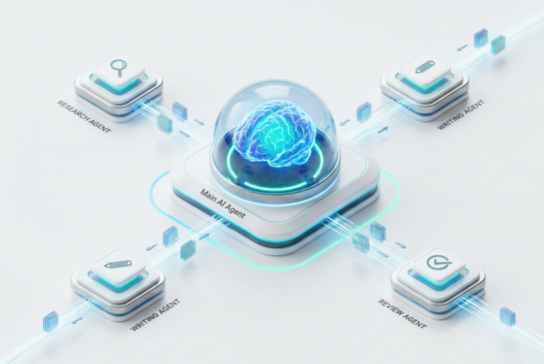 Visualización conceptual 3D isométrica de un Agente de IA Principal delegando tareas a subagentes especializados en investigación, redacción y revisión.