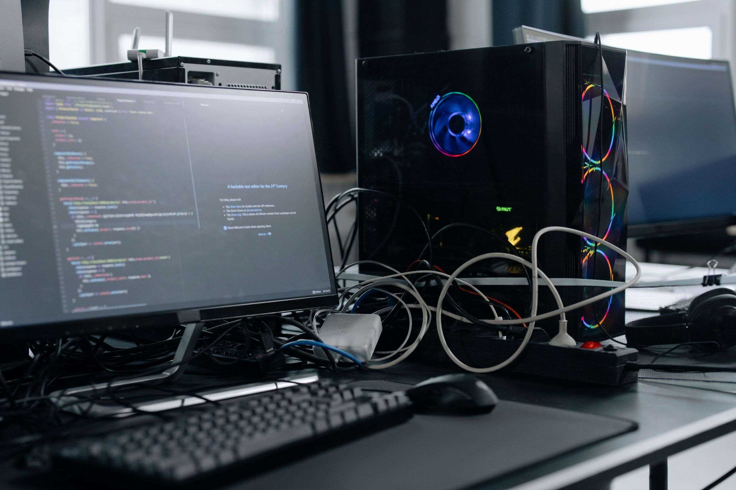 Estación de trabajo moderna con monitor mostrando código y torre PC con iluminación RGB.