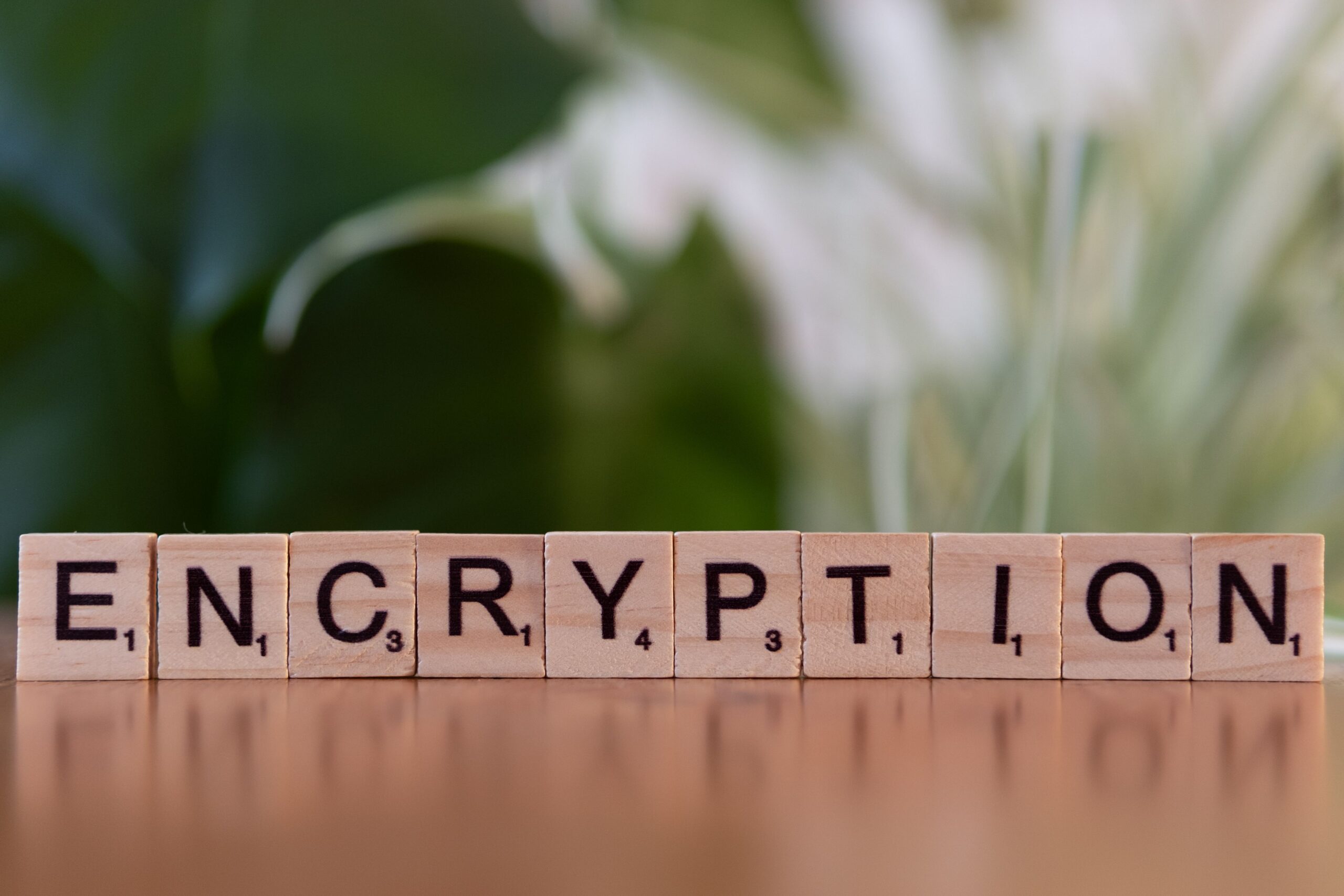 Fichas de madera deletreando la palabra 'ENCRYPTION', ilustrando el cifrado de credenciales y claves API.