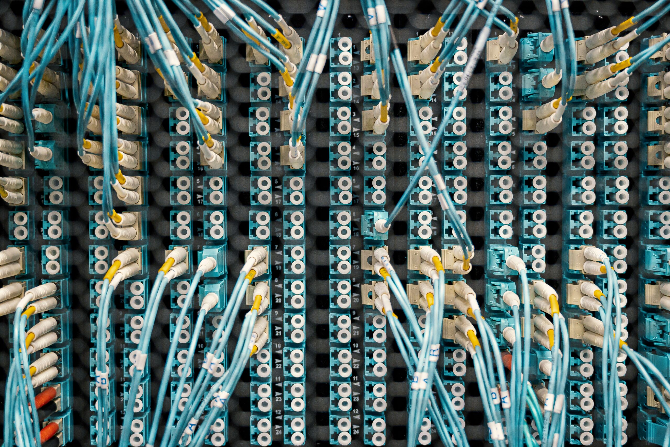 Detalj av fiberoptiska kablar i ett professionellt serverrack, som representerar utbyggnaden av infrastrukturen och användningen av containrar som Docker.