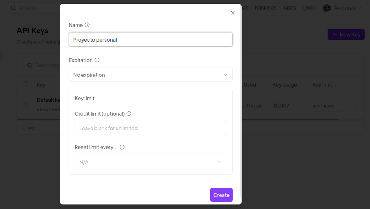 Crear una nueva API Key en OpenRouter